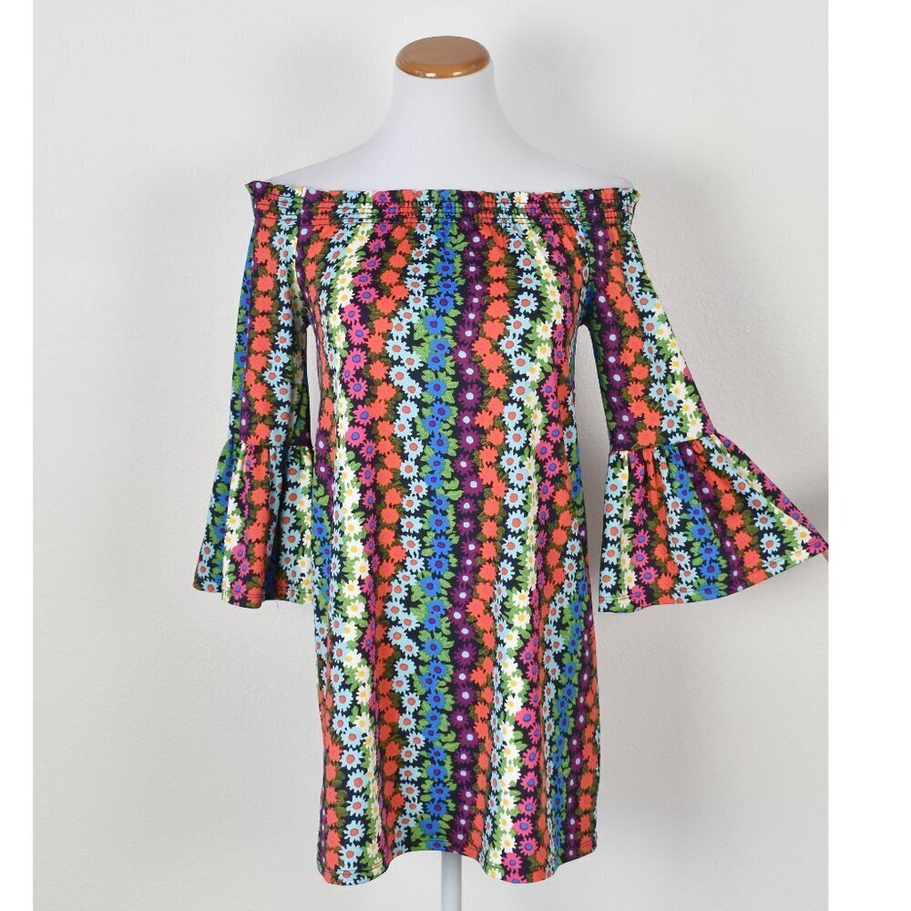 Trina Turk Floral Off Shoulder Print Bell Sleeve Dress - XS